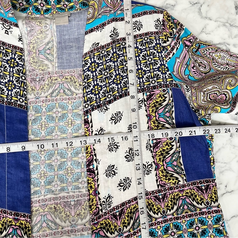 Chico's Patchwork Linen Long Kimono Duster Cardigan Topper Mixed Media Size 8/10 - Picture 8 of 13
